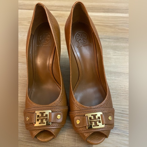 Tory Burch Shoes - ❤️❤️Tory Burch Leather Brown Peep Toe High Wedges W/Gold Monogram